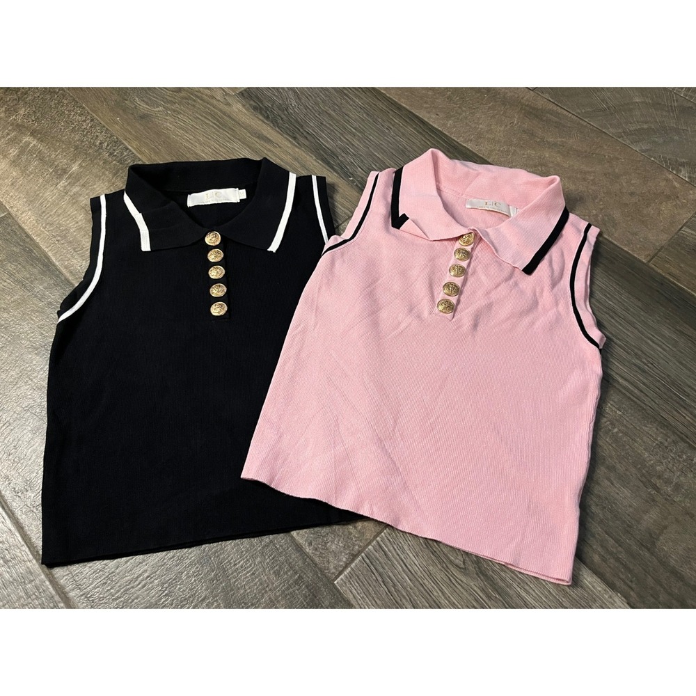 Lizette Collection Sleeveless Knit Polo Top Set Pink Black Gold Button Medium